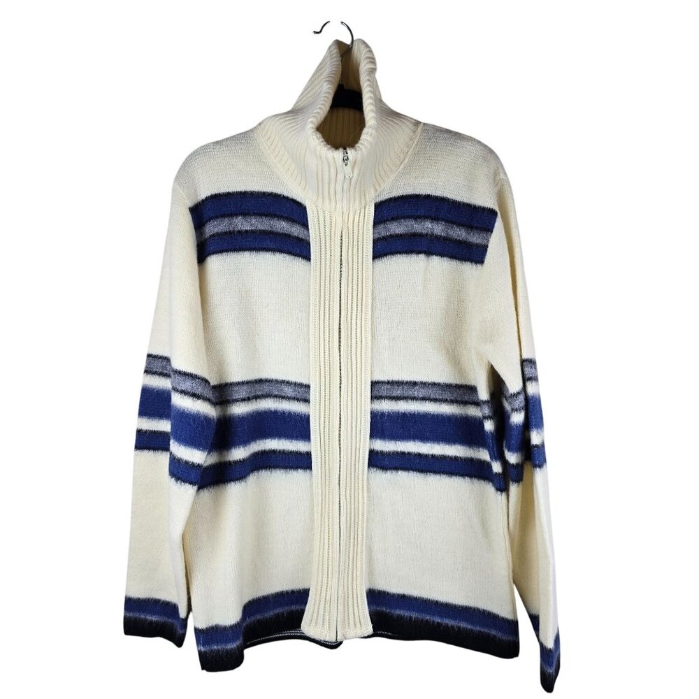 Vintage Dimension Zip Cardigan‎ Sweater M Cream With Blue Stripes Faux Mohair